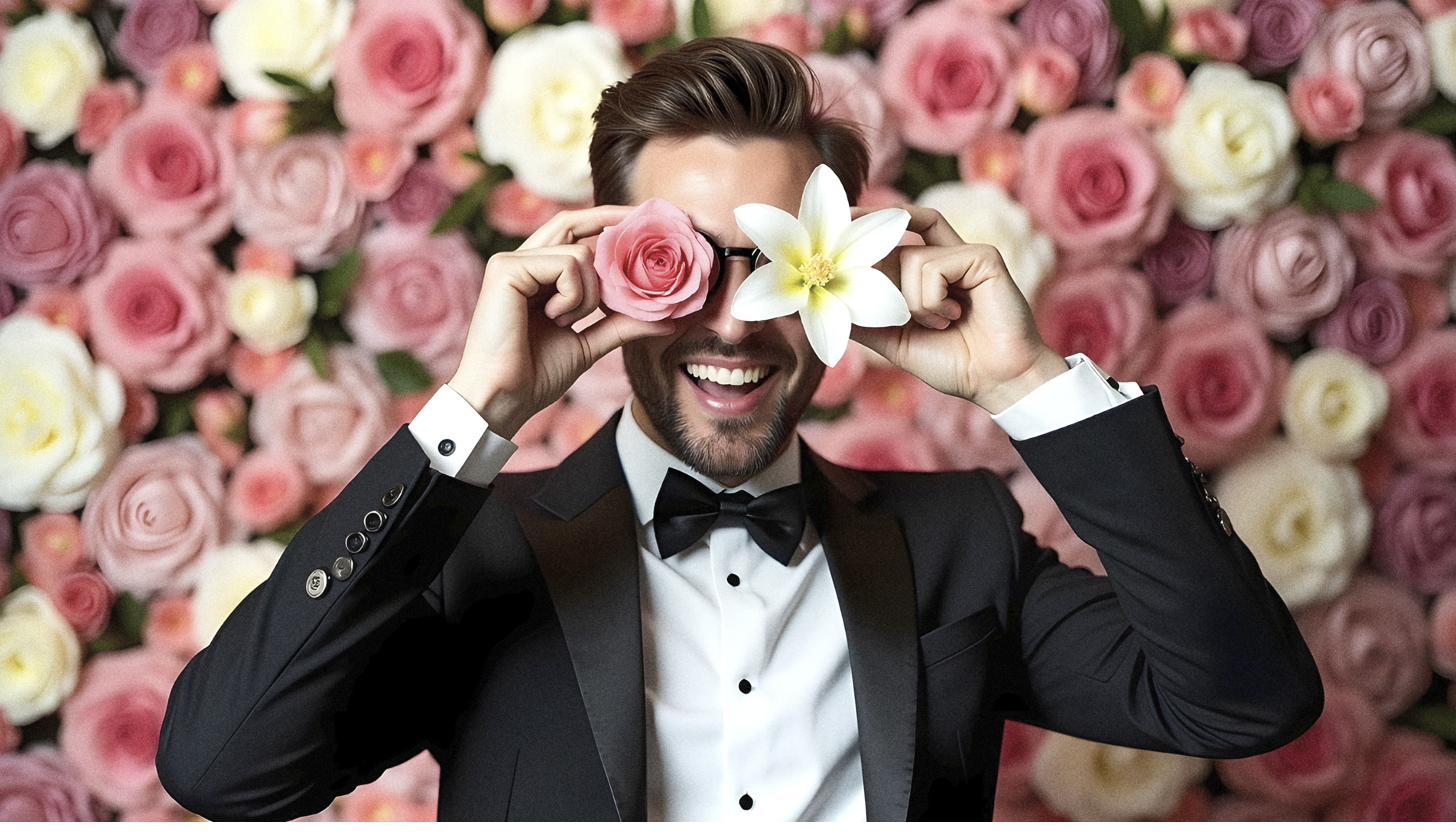 A guest in formalwear at a social event portrait session
